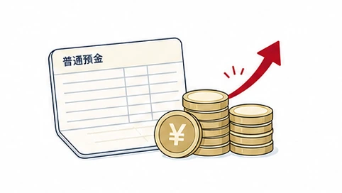 預金通帳と積み重なる硬貨で預金金利を表したイラスト